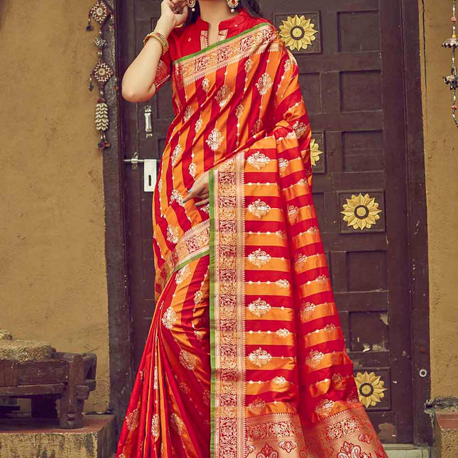 Tangerine Orange & Red Woven Banarasi Silk Saree