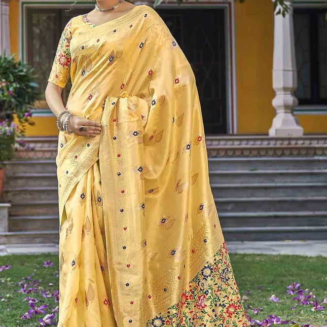 Bright Yellow Zari Woven Banarasi Silk Saree with Designer Pallu