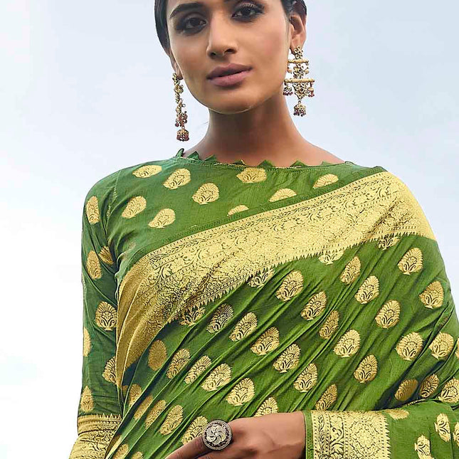 Crisp Green Woven Zari Design Stylish Banarasi Silk Saree