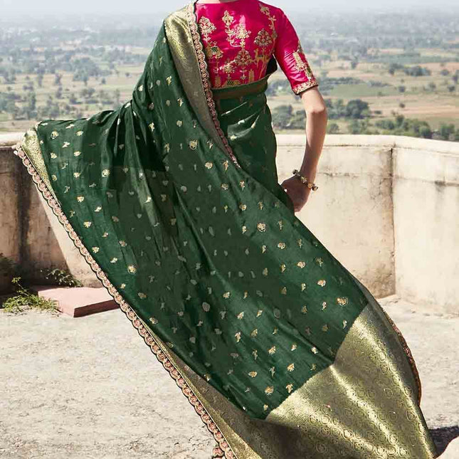 Dark Green Woven Banarasi Silk Saree with Embroidered Blouse