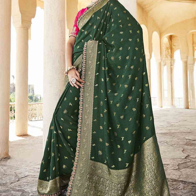 Dark Green Woven Banarasi Silk Saree with Embroidered Blouse