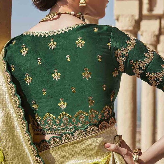 Olive Green Woven Banarasi Silk Saree with Embroidered Blouse