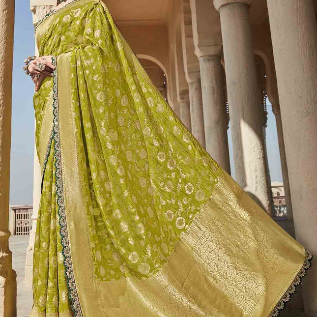 Olive Green Woven Banarasi Silk Saree with Embroidered Blouse