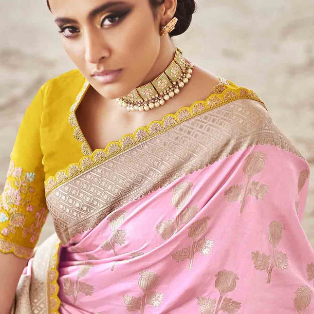 Flannel Pink Woven Banarasi Silk Saree with Embroidered Blouse