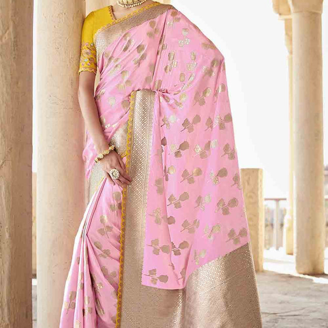 Flannel Pink Woven Banarasi Silk Saree with Embroidered Blouse