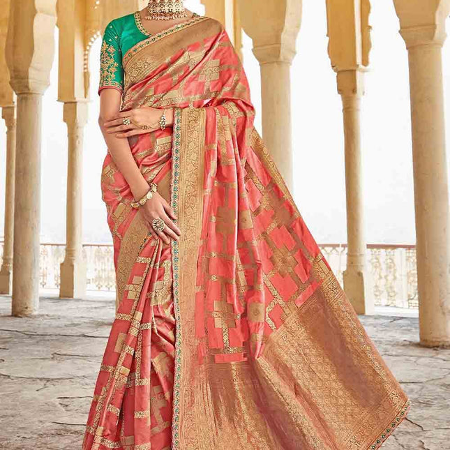 Rose Pink Woven Banarasi Silk Saree with Embroidered Blouse
