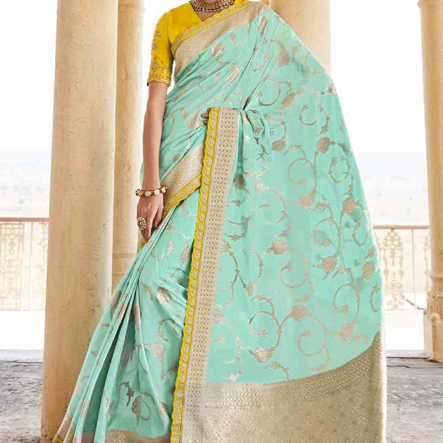Teal Blue Woven Banarasi Silk Saree with Embroidered Blouse