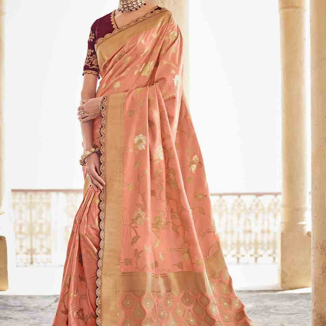 Light Pink Woven Banarasi Silk Saree with Embroidered Blouse