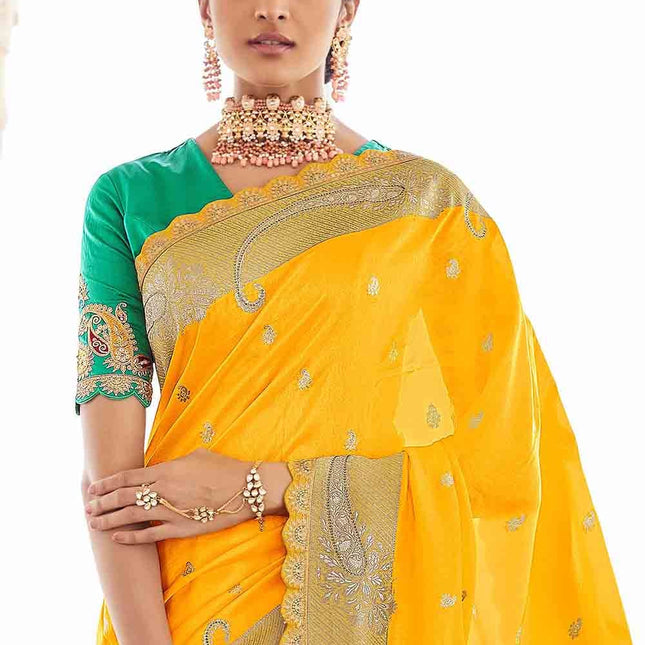 Yellow Woven Banarasi Silk Saree with Embroidered Blouse